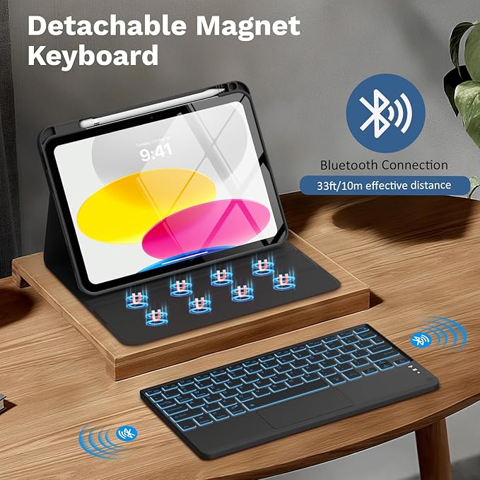 MoKo Touch Keyboard Case for iPad (A16) 11th Generation 11 inch 2025, iPad 10th Generation 10.9 inch Case with Pencil Holder, 7 Colors Backlit Multi-TrackPad Detachable Bluetooth Keyboard, Black