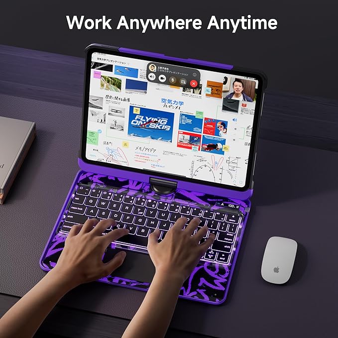 iPad Keyboard Case for iPad 10th Gen (2022) & 11th (A16, 2025), Magic Wireless Keyboard with Trackpad 7 Color Backlit 360° Rotating Stand Transparent Protective Cover with Pencil Holder (Purple)