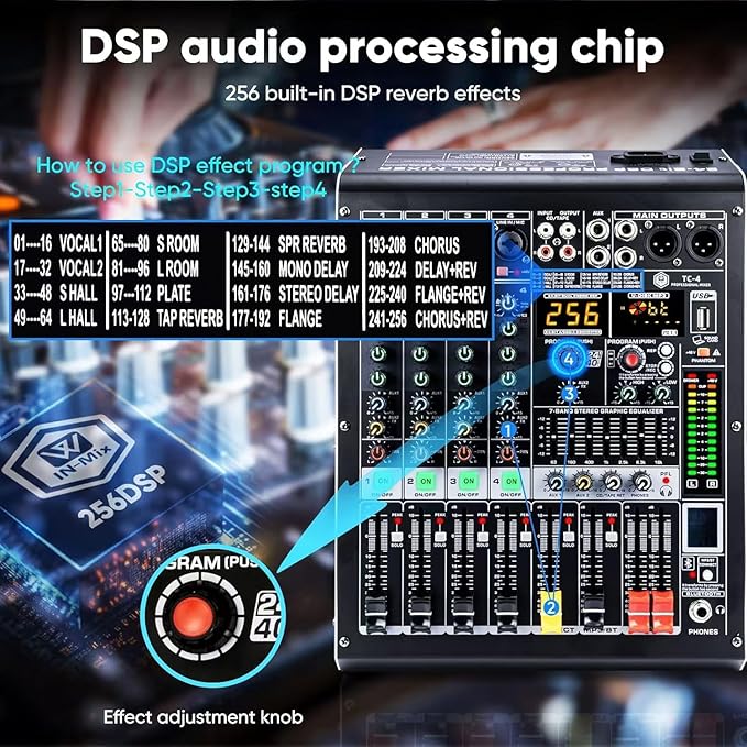 W IN-MIX 4 Channel Professional Audio Mixer with MP3 Player and Bluetooth U disk 48V Phantom Power Source USB recording for Studio Recording, Live Performances