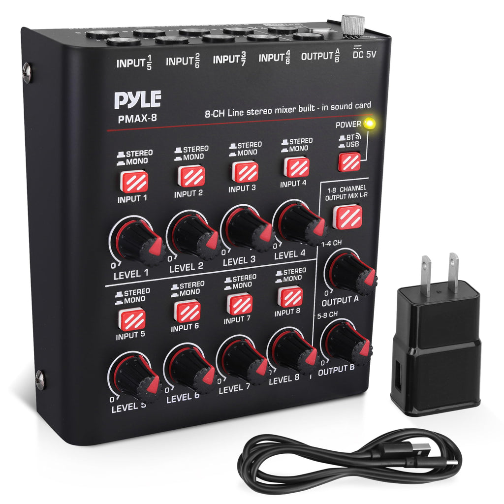 Pyle 8-Channel Bluetooth Mini Line Mixer with USB Audio Interface - 8 Mono/Stereo Switching Inputs | Ultra-low Noise Design with High Headroom | Built-in USB-C Sound Card - PMAX8