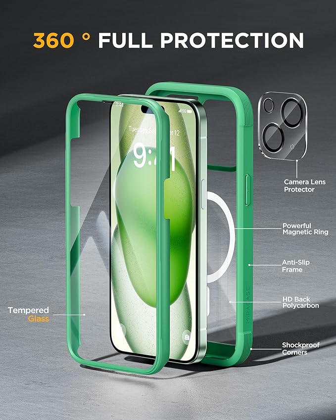Miracase Magnetic for iPhone 15 Plus Case 6.7'' [Compatible with Magsafe] Full-Body Military Drop Proof 15 Plus Phone Case Cover with Built-in 9H Tempered Glass Screen Protector,Magnetic Green