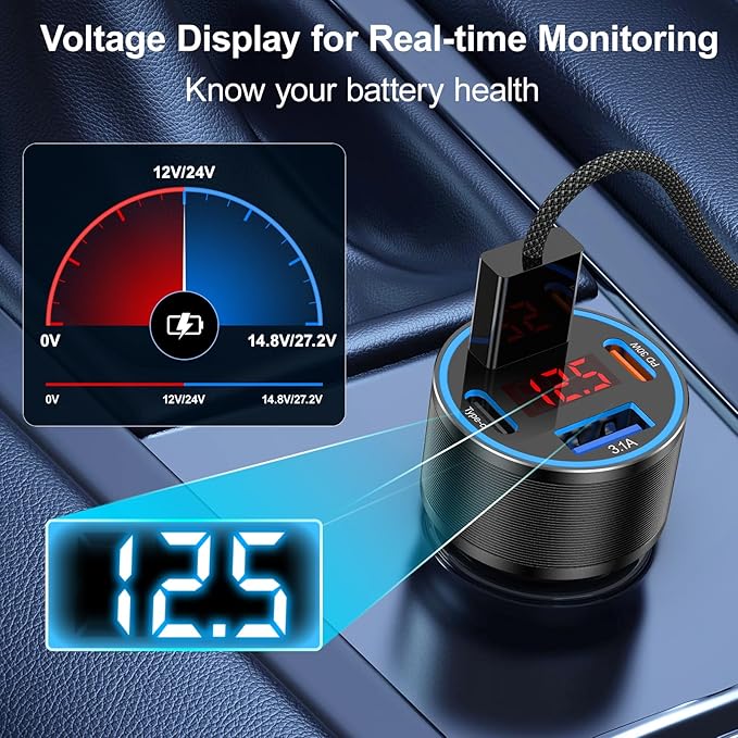 USB C Car Charger,2Pack 65W 4 Port Fast Charging Car Phone Charger with Voltage Display,Multi Port Cigarette Lighter Adapter USB Chargers for iPhone 16 15 14 13 Pro Max,Galaxy S25,iPad,Pixel,Android