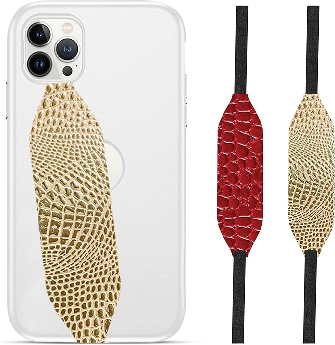 Phone Grip Strap - Pack of 2 Reversible Finger Holder for Phone Back, Customizable Anti-Slip Design, Wireless Charging Compatible Detachable Holder for iPhone - Gold & Red Alligator