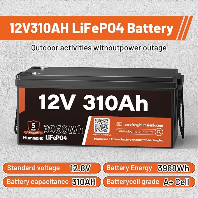 12V 310Ah LiFePO4 Lithium Battery 4PCS– Max. 3968Wh, 15000+ Deep Cycle Battery with 100A BMS, Low-Temp Cutoff | A+ Grade Cells for Marine, Trolling Motor, Off-Grid Home Energy Storage, Van Life
