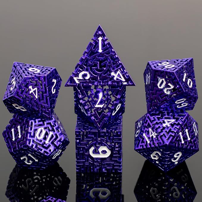 Purple Metal Hollow DND Dice Set (Warlock) Metallic Luster Maze Design with Storage Box - Balanced Weight 7 Piece Zinc Alloy, Designed for Dungeons and Dragons DM Player RPG Accessories