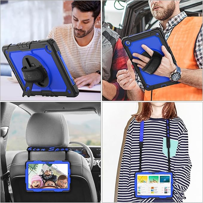 SEYMAC stock Case for Samsung Galaxy Tab A9+ Plus 11'', Full-Body Drop Protection Case with Screen Protector Pencil Holder [360° Rotating Hand Strap] &Stand, Blue+Black