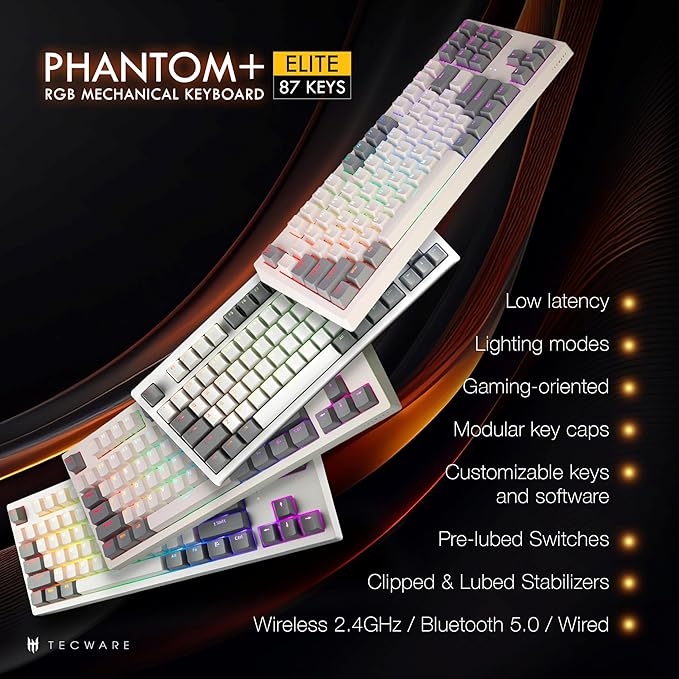 TECWARE Phantom+ Elite 87 Key RGB Mechanical Gaming Keyboard, LED Backlit, Universal Hot-Swap, Wired and Wireless, 3 Mode Connectivity, Thocky Sounding, White Elite Wraith Pink