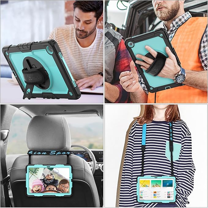 SEYMAC stock Case for Samsung Galaxy Tab A8 10.5'', Full-Body Drop Protection Case with Screen Protector Pencil Holder [360° Rotating Hand Strap] &Stand, SkyBlue+Black