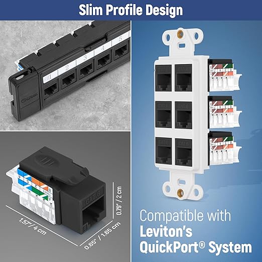 Everest 45° Angled RJ45 Cat6 Keystone Jacks 10-Pack in Black - Slim Profile Female RJ45 Connectors - Cat 6 Keystone Jack - Compatible with 45° Angled Speed Termination Tool - 45Term (B0BL3GS7ZY)