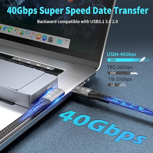 USB4 Cable, with Thunderbolt 4 Cable, 240W Charging, 40 Gbps Data, 8K @ 60Hz HDR, USB C to USB C, 90Degree for Hub, Dock MacBook, M2, M3, Mac SSD (90Degree USB4 40G 240W 1M)