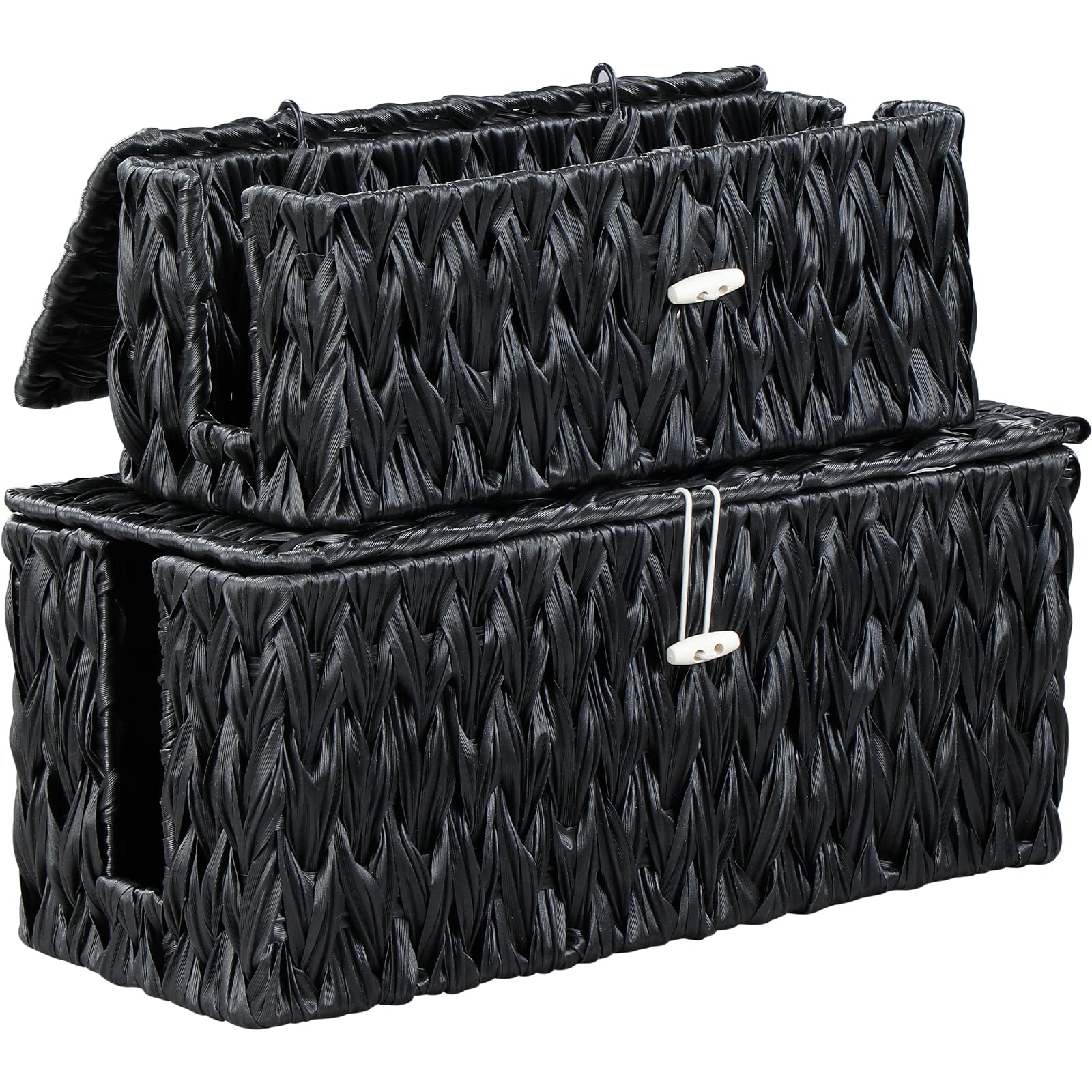 Coeusy Black Cable Management Box,2 Pack Large & Medium Rattan Cable Organizer Box for Power Strip,2 Open Slots Cords Hider Box for TV Wires, Computer, Router, USB Hub and Under Desk Power Strip