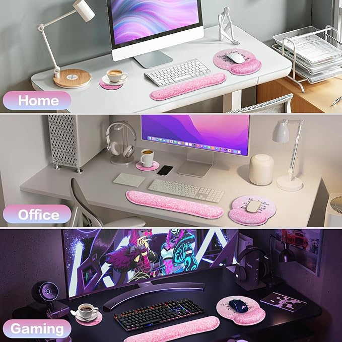Mouse Pad with Wrist Rest Set Pink, 3-in-1 Wrist Support Mousepad Set,Gaming Mat Pad with Anti-Skid Base,Ergonomic Mouse Pad,Memory Foam Keyboard Gel Wrist Rest