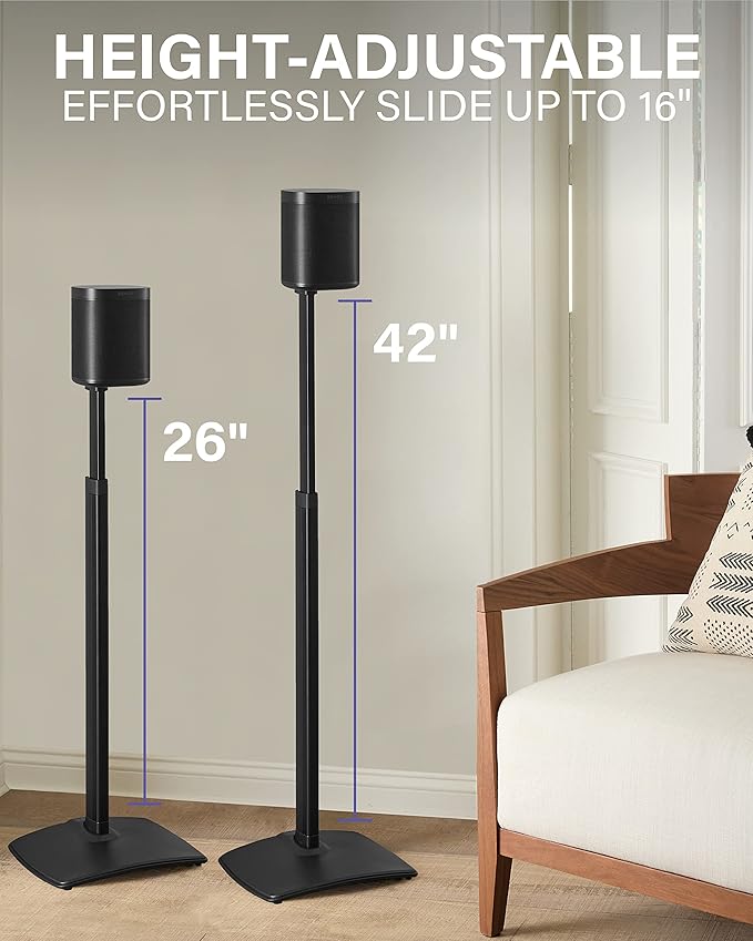 SANUS Adjustable Height Wireless Speaker Stands Designed for Sonos One, One SL, and Play:1 - Tool-Free Adjustment up to 16" and Built-in Cable Management - Black/Single