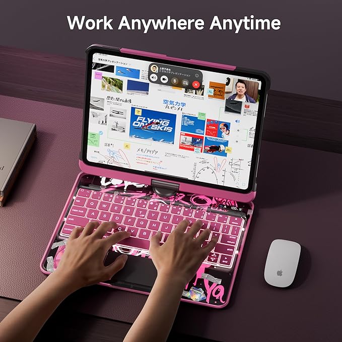 iPad Keyboard Case for 2024 M4 iPad Pro 11 inch, Magic Wireless Keyboard with Trackpad 7 Color Backlit, 360° Rotating Stand Transparent Protective Cover with Pencil Holder (Pink)