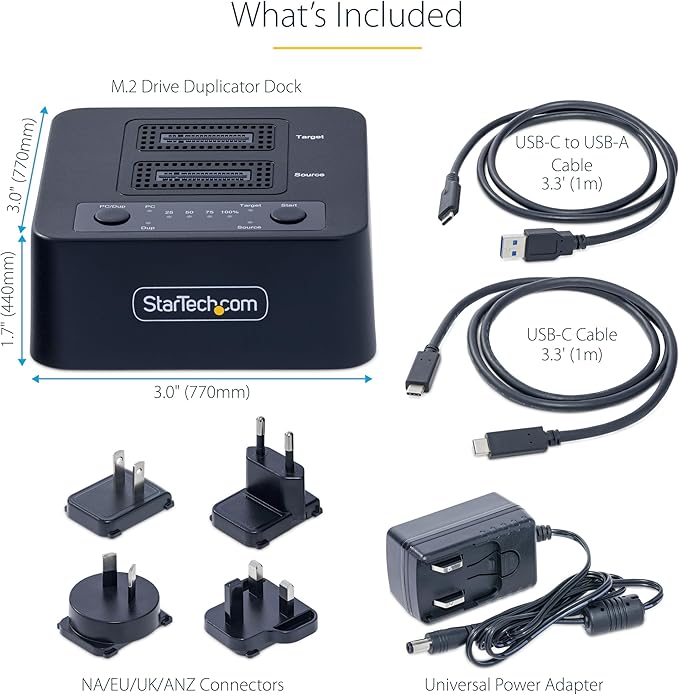 StarTech.com 1:1 M.2 NVMe Drive Duplicator, 90GBpm Standalone M.2 SSD Cloner/Copier, USB-C 3.2 20Gbps M.2 Dual-Bay Drive Dock