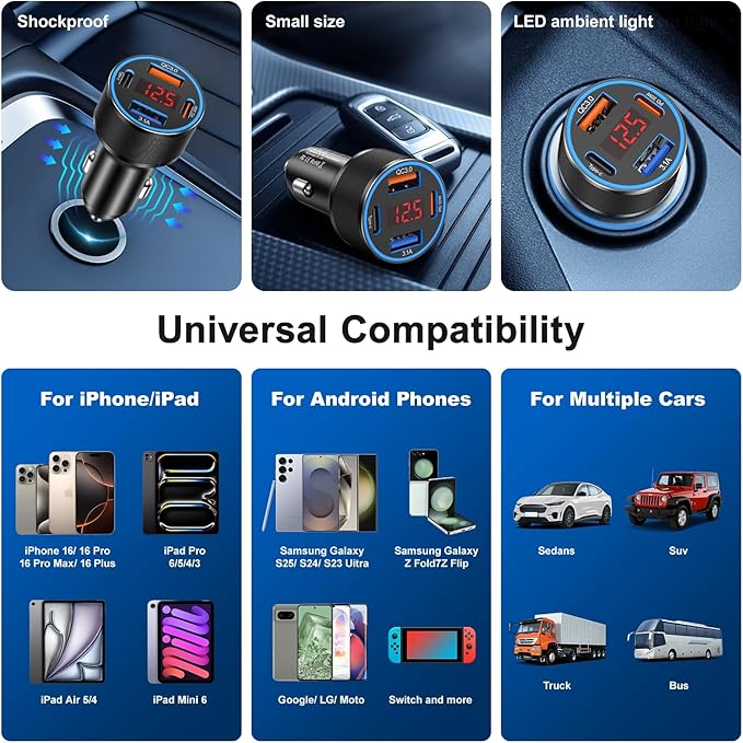 65W iPhone Car Charger Fast Charging, 2Pack 4 Port USB C Fast Car Charger+6ft Type C to C Cable, Dual USB-C & USB-A Cigarette Lighter Adapter with Voltmeter for iPhone 16 15 Pro Max,iPad,Samsung,Pixel