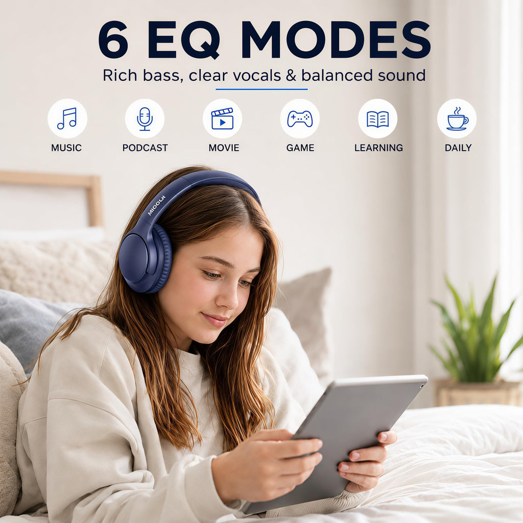 MIDOLA Bluetooth Headphones Over Ear, 68H Playtime Wireless Headphones with Microphone, 6 EQ Modes, HiFi Stereo Deep Bass, Foldable Lightweight Headset for Home Office, Cellphone, PC, Blue