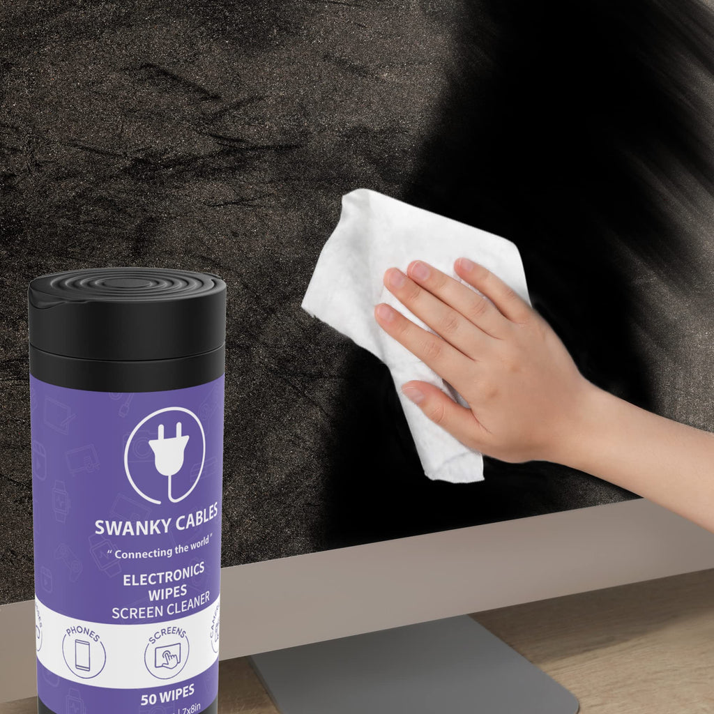 Swanky Cables Screen Cleaner Wipes: Electronic Wipes for Screens - Computer Screen Wipes for Lens, Phone, Tv Screen and Monitor Cleaning - Tech Wipes & Microfiber Cloth (Canister, 50 Count)