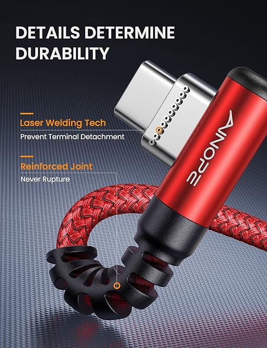 AINOPE USB Type C Cable 3.1A Fast Charger (2-Pack, 10ft+10ft) Right Angle USB A to USB C Cable, Resistant Nylon Braided USB C Charger Cable (Red)