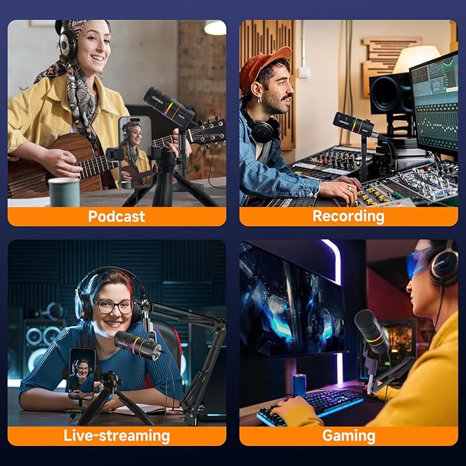 COMICA EJoy D10(D) USB Gaming Microphone – RGB Dynamic Mic with Noise Cancellation, XLR/USB-C, Real-Time Monitoring, Muting, Professional Studio Mic for Gaming, Streaming, Podcast, Recording (Black)