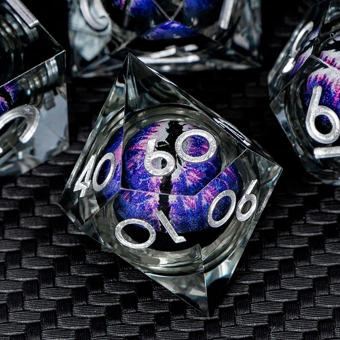 ARUOHHA DND Resin Dice Dragon Eye Dice Liquid Core Purple Sharp Edged Dice Set with Gift Box, Dungeons Polyhedral D and D Dice Set Compatible with D&D Role Playing Game D20 D12 D10 D8 D6