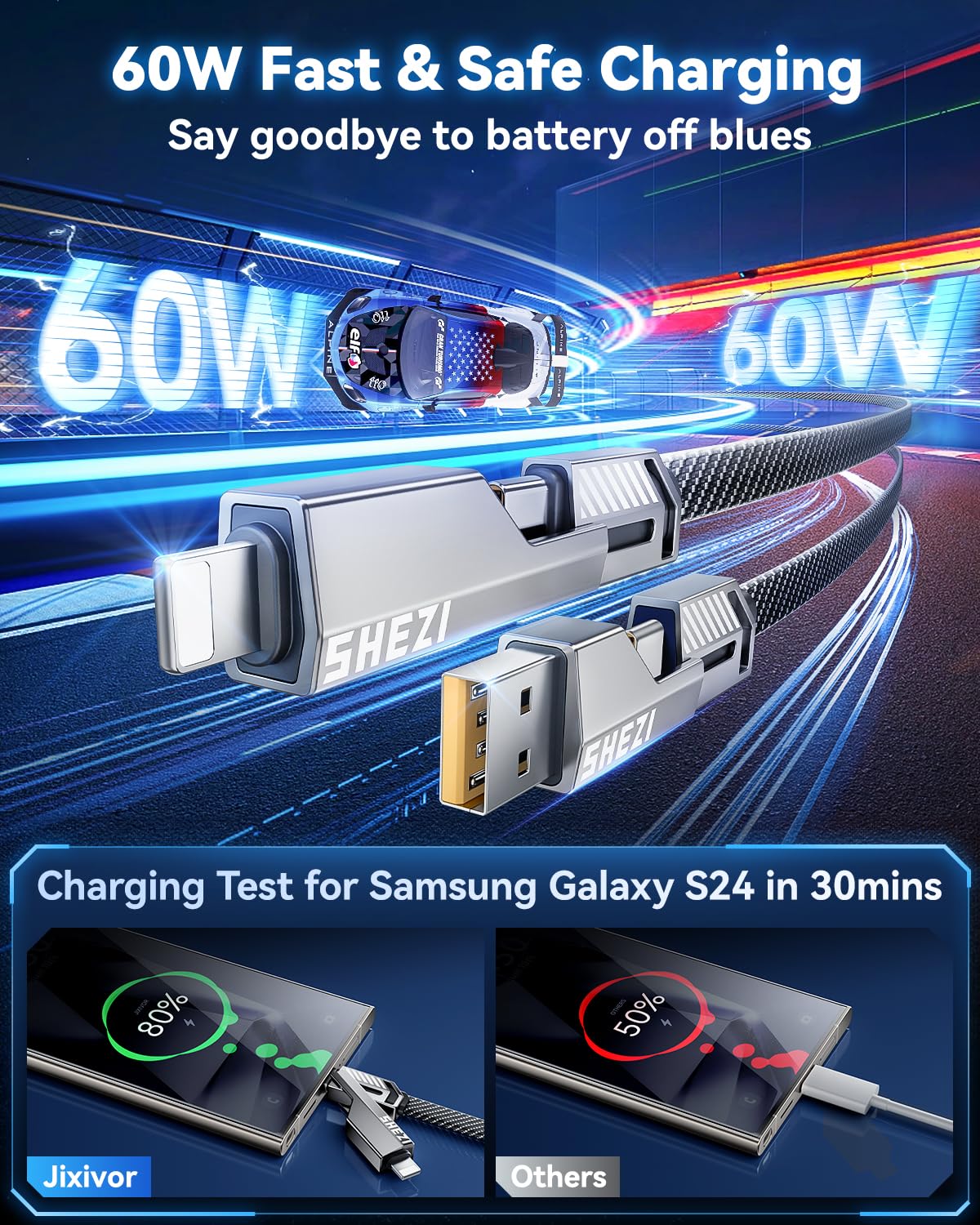 Jixivor 5FT 4 in 1 Multi Charging Cable, 60W USB A/C to C/Lightning Cable Combo, Support High-Speed Charging & Fast Data Transfer, CarPlay & Android Auto, Multi Charger Cord for iPhone/Samsung/iPad