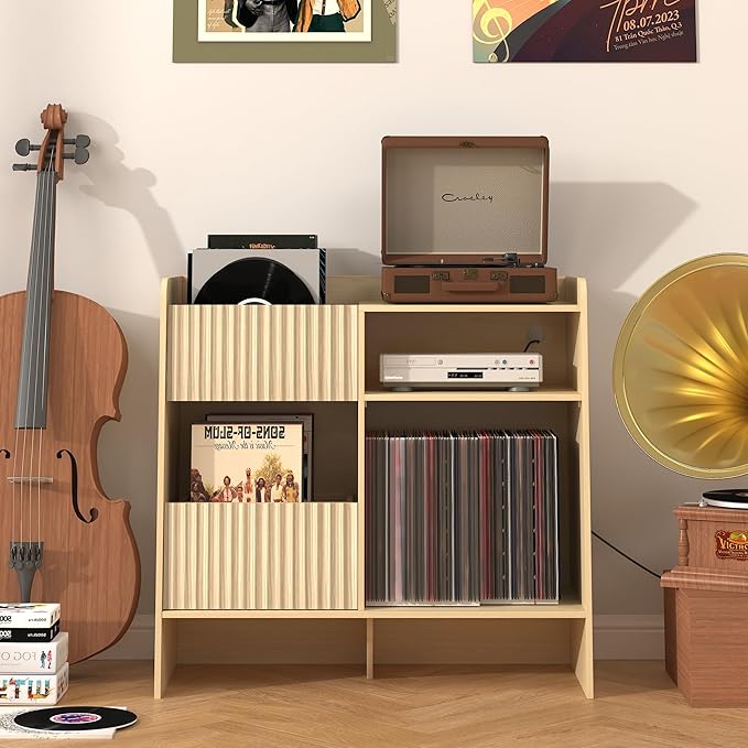 Record Player Stand with Vinyl Storage - Mid Century Modern Turntable Stand with Adjustable Shelves & Cable Hole, Record Player Table with 4 Cubes for Living Room, Bedroom, Oak