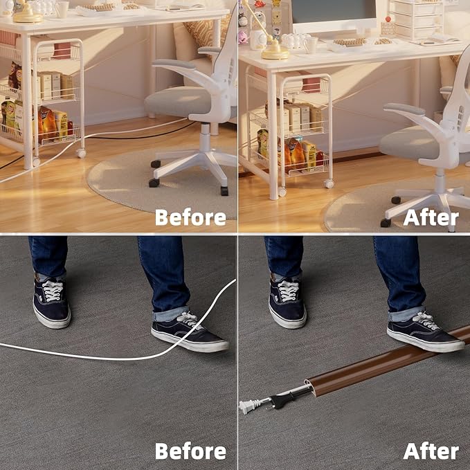 9.8ft Floor Cord Cover, Silicone Wire Hider, Hide Extension Cords, Protect Cords, Prevent Cable Trips, Heavy-Duty Adhesive-Backed Anti-Trip Cable Protector for Floor, Desk & Wall