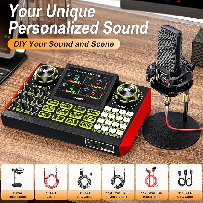 Podcast equipment bundle with live sound card audio mixer, podcast equipment with 3.5mm microphone, soundboard for phone, computer, live streaming, singing, recording, and content creation.