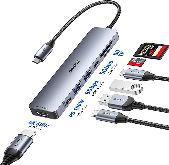 BENFEI 7-in-1 USB C Hub with HDMI(4K@60Hz), 2 USB-A, 1 USB-C Data, 100W Charge, SD/TF Card Reader, Silicone Tangle-Free Cable Compatible with MacBook Pro/Air, iPad Pro, iMac, iPhone 15 Pro/Pro Max