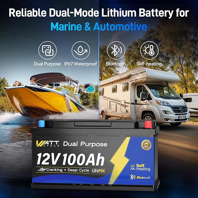 12V 100Ah Bluetooth LiFePO4 Battery, [Cranking &Deep Cycle] Lithium Battery with Self-Heating, Built-in 200A BMS, Perfect for Trolling Motor, RV, Marine, Boat(3 Pack)