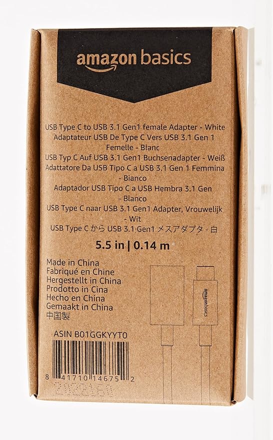 Amazon Basics USB-C to USB-A 3.1 Gen1 Female Adapter Cable Converter, 5Gbps High-Speed, USB-IF Certified, for Laptops, Tablets, Phones (iPhone 16/15), White