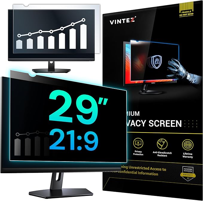 VINTEZ 29 Inch 21:9 Privacy Screen for Computer Monitor and Laptop - Anti Glare Protector Film Blue Light Filter Eye Protection - Computer Screen Privacy Shield, [1 Pack]