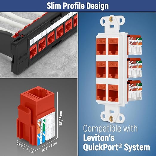 Everest 90° Angled RJ45 Cat6 Keystone Jacks 20-Pack in Orange - Slim Profile Female RJ45 Connectors - Cat 6 Keystone Jack - Compatible with 90° Angled Speed Termination Tool - easyJACK (B094WB91H3)