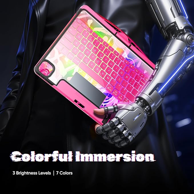 KITONE Transparent Case with Wireless Keyboard only for 2024 iPad Pro 11-in.(M4), 7 Colors Backlight, Trackpad, 360°Rotating Stand for iPad Pro 11(5th Gen), Tech Style