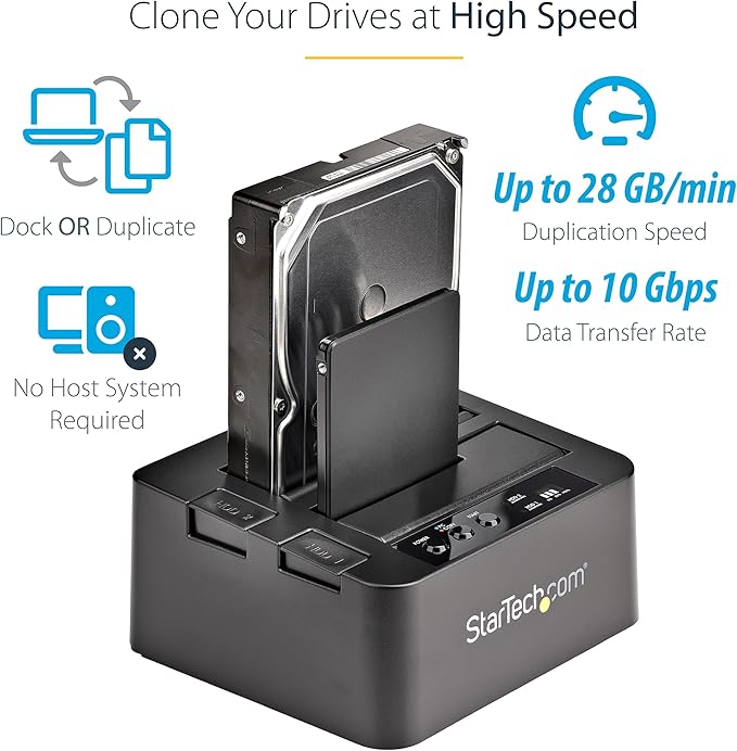 StarTech.com USB Flash Drive Duplicator and HDD/SSD Cloner Docking Station with LCD and Erase Modes, 1 to 2 Drive Copier, Sanitizer, and Dock (USBDUP12, SDOCK2U313R)