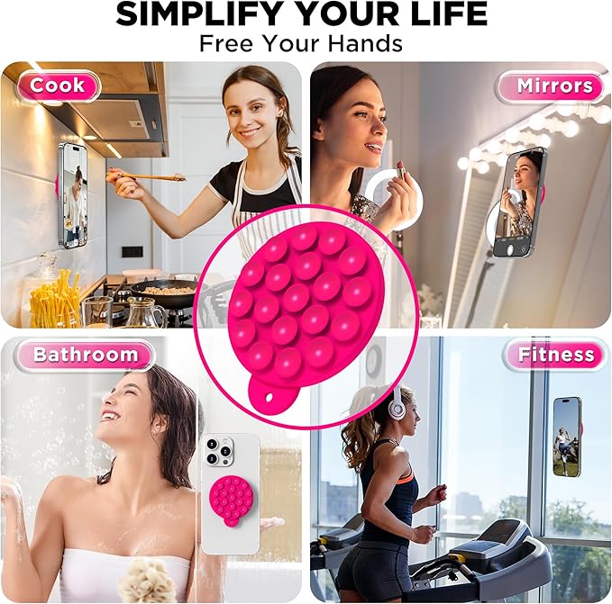 Magnetic Suction Cup Phone Mount for MagSafe Case, Silicone Hands-Free Grip Holder for iPhone and Android, Mirror Shower Phone Stand for Makeup FaceTime Gym Kitchen Bathroom, Neon Pink