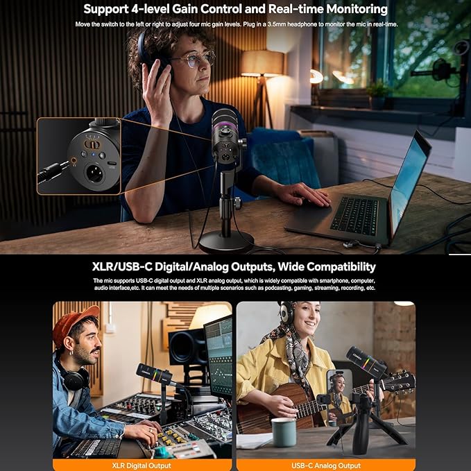 COMICA EJoy D10 D USB/XLR Dynamic Microphone with RGB Light &CalMix Denoise &Mute Button- Studio-Quality Cardioid Mic with Desktop Stand for Gaming, Streaming, Podcast,YouTube(PC/PS5/Xbox/Mac (White)