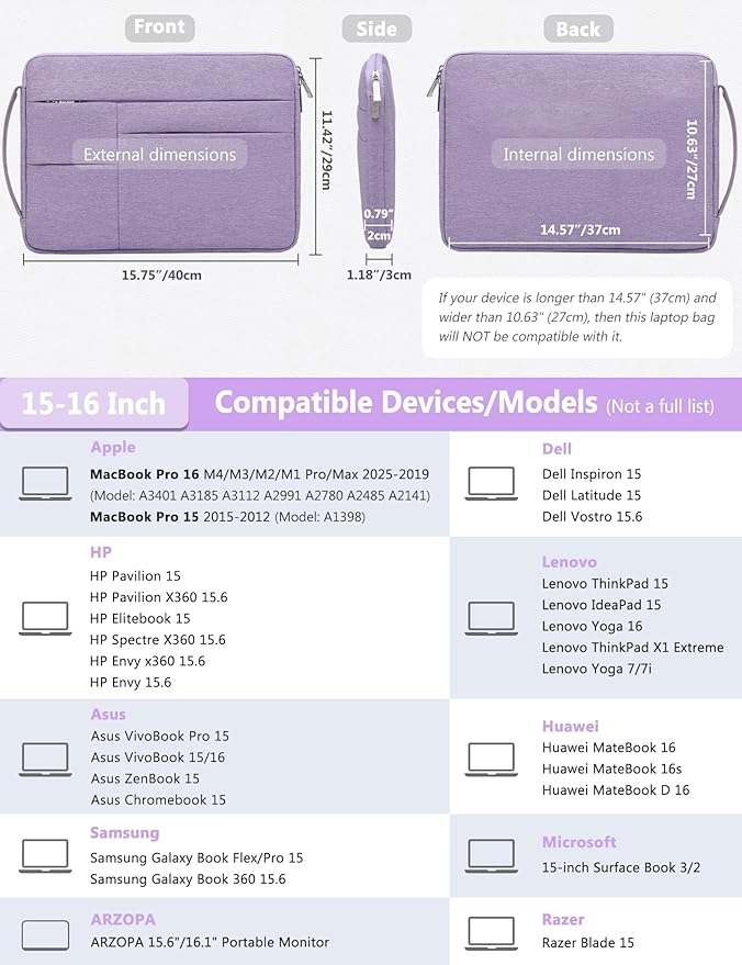 HYZUO 15-16 Inch Laptop Sleeve Bag for MacBook Pro 16 M4/M3/M2/M1 2025-2019, 15" Surface Book, Portable NoteBook Case for 15" 15.6" HP Dell Lenovo ThinkBook Asus Acer Samsung HUAWEI, Lilac Purple