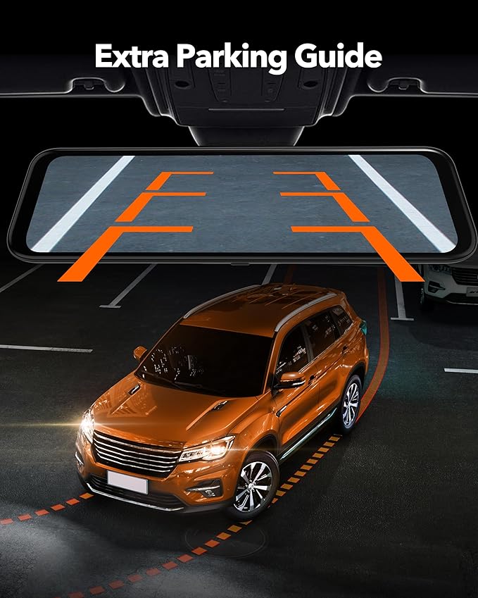 WOLFBOX 12" 4K Rear View Mirror Camera with 5.8GHz WiFi and Voice Control, Smart Mirror Dash Cam Front and Rear, Backup Camera with 1080P Rear Camera, Dash Cam with WDR, Includes 64GB Card & GPS