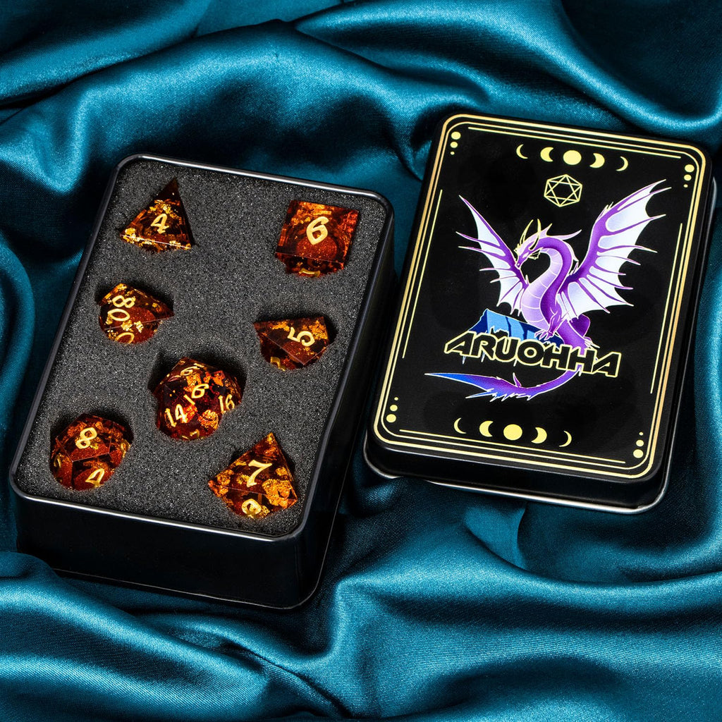 ARUOHHA Liquid Core DND Dice Set, 7pcs Resin Sharp Edged Dragons Dice Compatible with D&D Role Playing Games, RPG Golden Numbers Red Dungeons Polyhedral Dice with Gift Box, D and D Dice Set D20 D10 D6