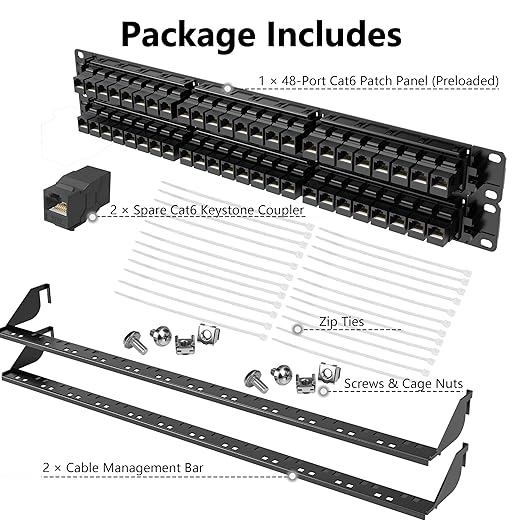 Jadaol 48 Port Patch Panel Rackmount or Wall Mount 19-Inch, 2U Cat6 Network Panel Preloaded with 48 Keystone Couplers plus 2 Spare, 10Gbps Ethernet Patch Panel with Cable Management & Back Support Bar