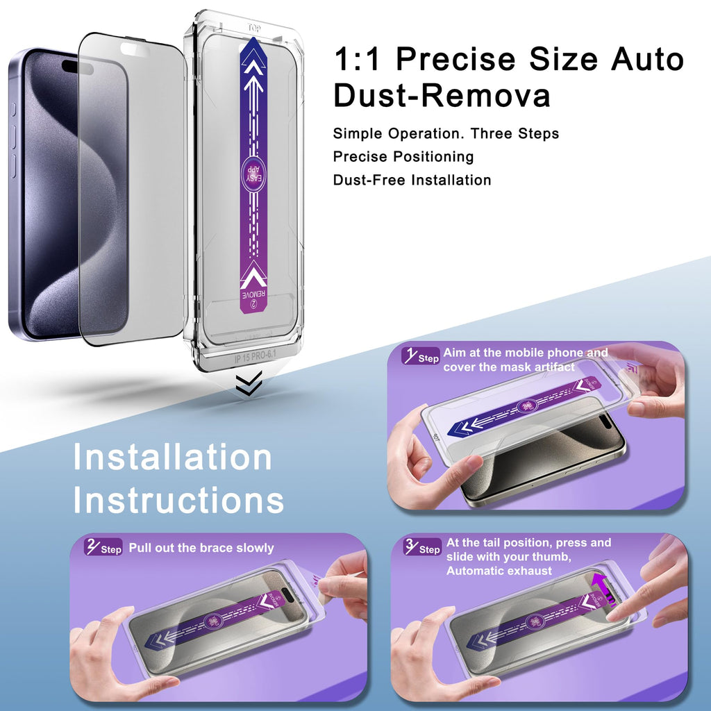 SHANG PIN JIA 2 Pack Matte Screen Protector for iPhone 15 Pro 6.1-Inch Auto Dust Removal, No Bubbles, Tempered Glass Film, Easy Installation