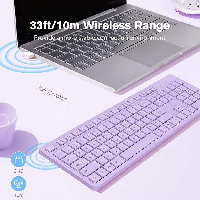 LeadsaiL Purple Wireless Keyboard, 2.4GHz Full-Sized Ergonomic Computer Keyboard, Cordless Noiseless Keyboard,12 FN Shortcuts for Windows MacOS Laptop Computer