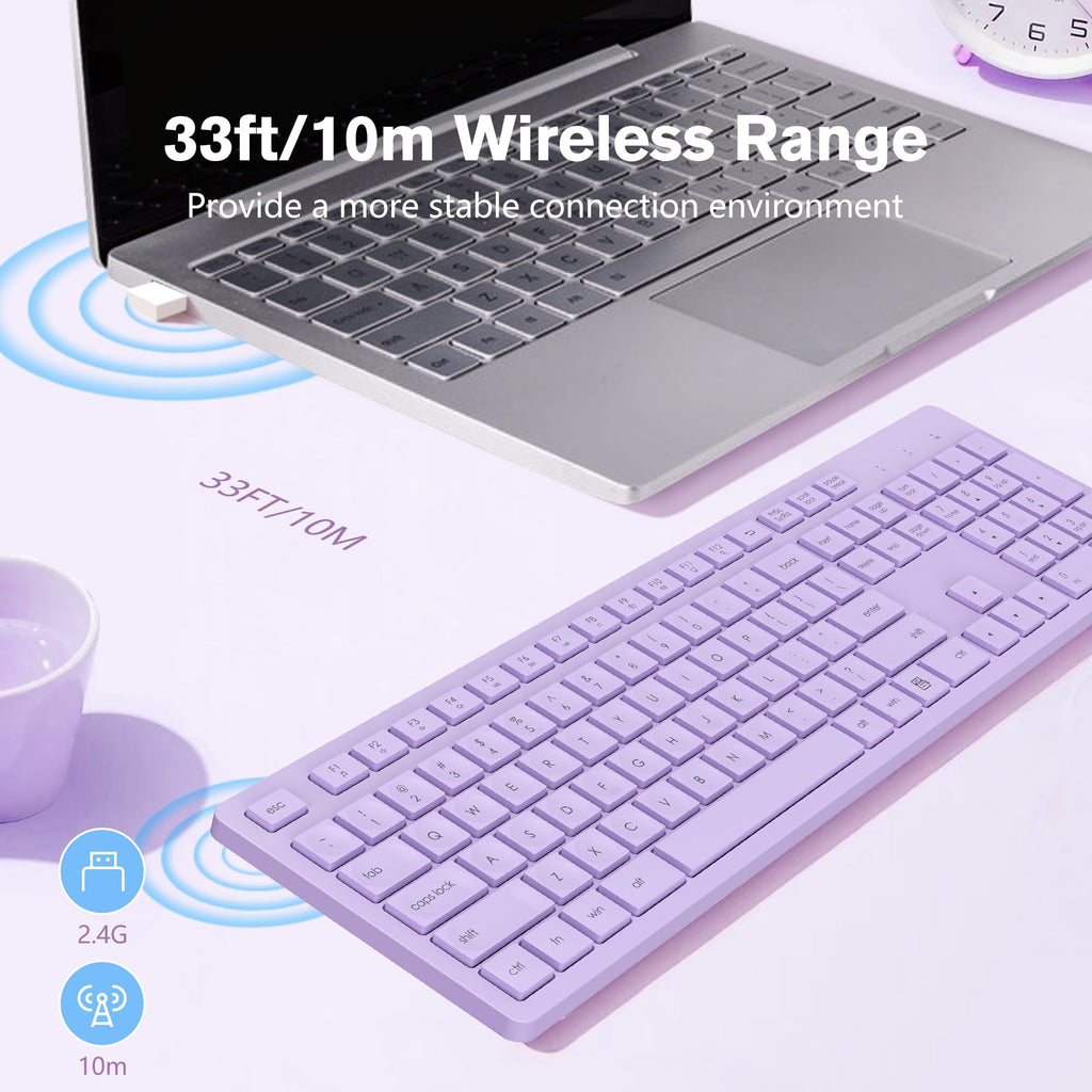 LeadsaiL Purple Wireless Keyboard, 2.4GHz Full-Sized Ergonomic Computer Keyboard, Cordless Noiseless Keyboard,12 FN Shortcuts for Windows MacOS Laptop Computer