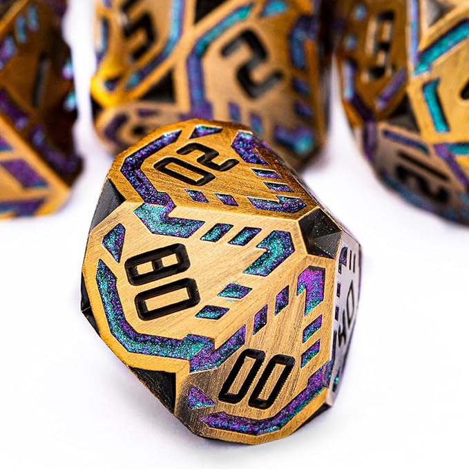 Metal DND Sci-fi Dice Set 7PCS Stripe Polyhedral Dice for Dungeons Dragons RPG Role Playing Game, Glitter D and D Dice with Gift Box D6 D8 D10 D12 D20 (Ancient Gold&Green Purple)