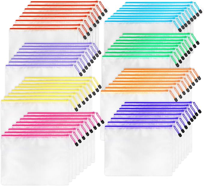 64pcs A4 Mesh Zipper Pouch Bags, Mesh Bags with Zipper Bulk, Pouches for Organization, Clear Storage Bags for Classroom, Travel, Office, Board Game