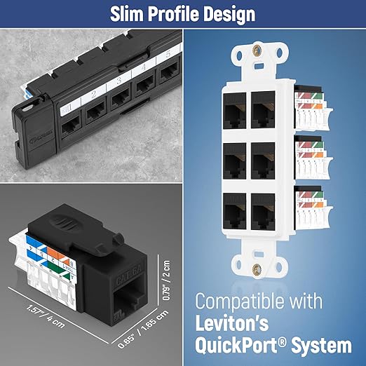 Everest 45° Angled RJ45 Cat6A Keystone Jacks 50-Pack in Black - Slim Profile Female RJ45 Connectors - Cat 6A Keystone Jack - Compatible with 45° Angled Speed Termination Tool - 45Term (B0BL3GS7ZY)