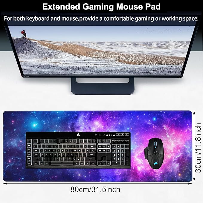 Deep Universe Space and Stars Desk Mat,Large Galaxy Space Gaming Keyboard Mouse Pad,Non-Slip Rubber Base Desk Pad Thick Stitched Edges Waterproof Mousepad Mouse Mat 31.5"x11.8"