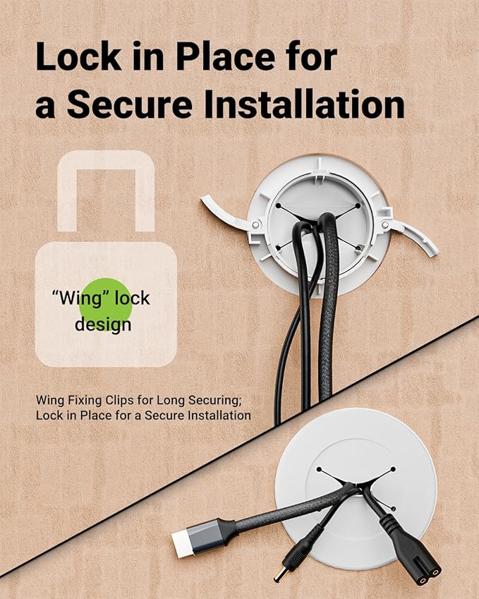 in Wall Cable Management Kit, Slim TV Wire Hider Kit for Wall Mounted TV, 2 Pcs Pass Through with Hole Saw for Network, HDMI, Speaker Cables, Coaxial, White